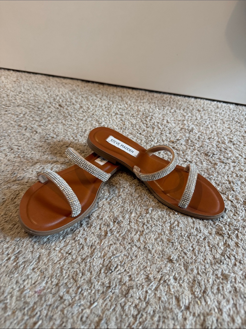 Steve Madden Brown Leather Slide Sandals with Rhinestone Straps